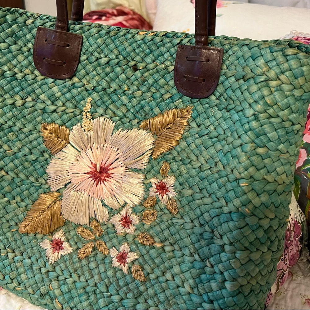 Vintage Lord & Taylor Woven Straw Tote Bag With Leather Handles